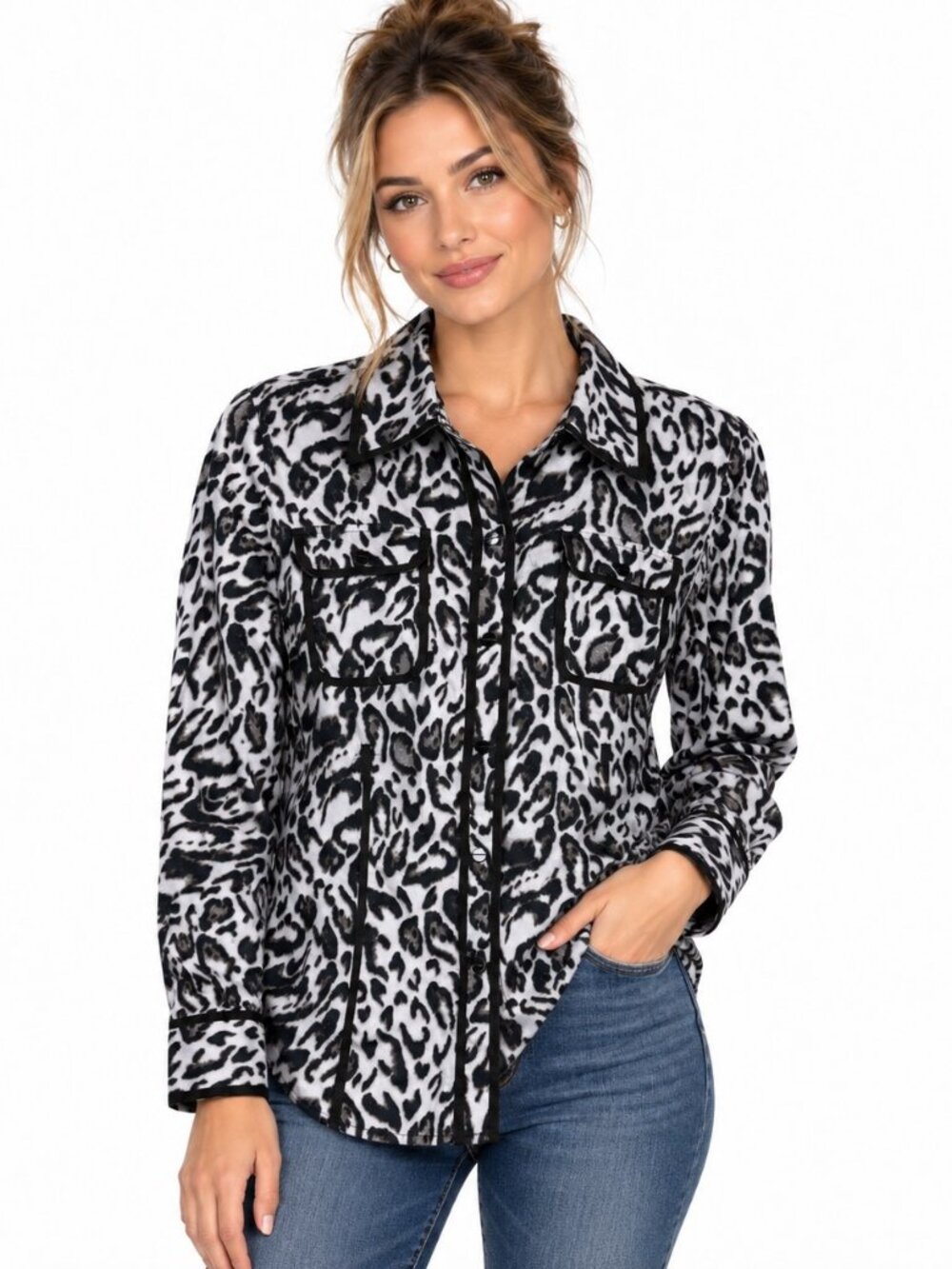 Jones New York Women's M Leopard Print Shirt Jacket Black White Utility Safari